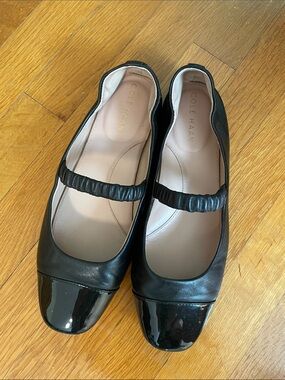 Cole Haan Black Leather Mary Jane Flats with Patent Toe Cap